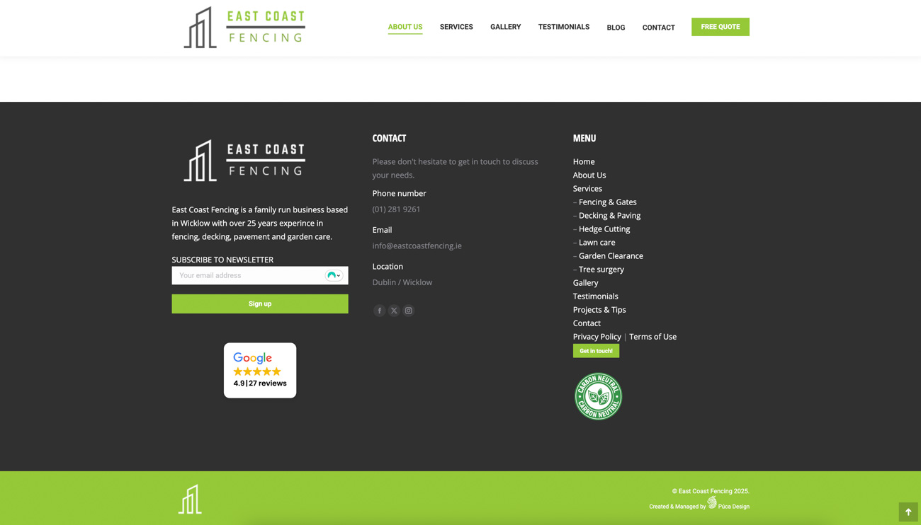 Screenshot of East Coast Fencing website