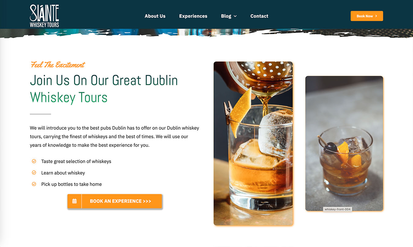 Screenshot of Sláinte Whiskey Tours website