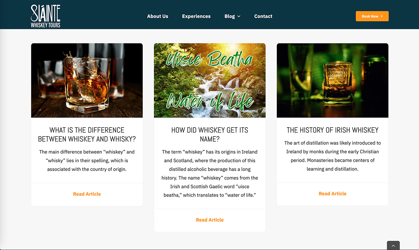 Screenshot of Sláinte Whiskey Tours website